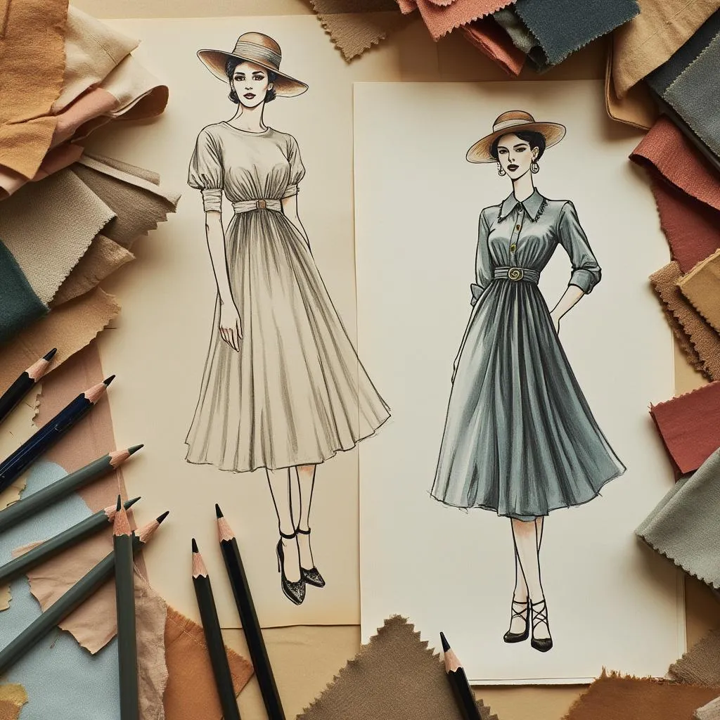 Bocetos de diseño de moda retro con detalles volumétricos