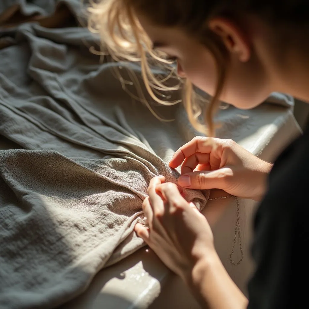 Artesana cosiendo una prenda en taller de moda