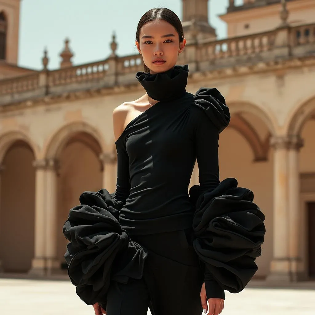 Modelo luciendo un diseño volumétrico en un entorno arquitectónico español